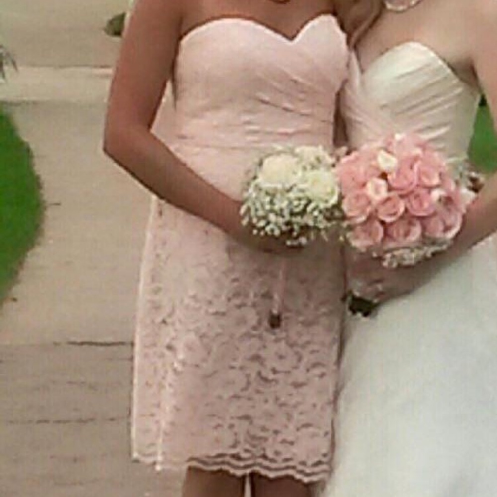 Light pink lace DAVIDS BRIDAL bridesmaid dress.